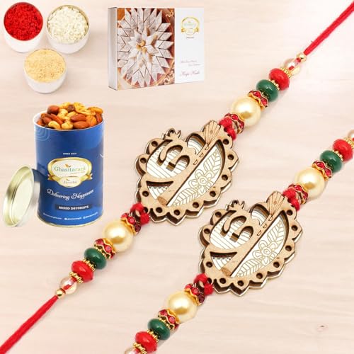 Ghasitaram Gifts Rakhi for Brother Rakhis Online - Set of 2 The Beam Of Om g7834 rakhi with 100 gms of Dryfruits Mix Can 200 gms of Kaju katli von Ghasitaram Gifts