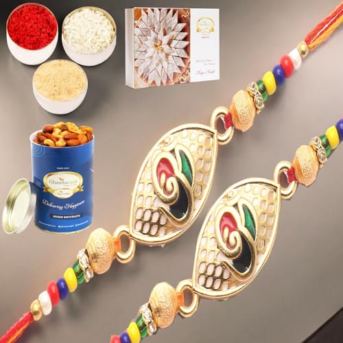 Ghasitaram Gifts Rakhi for Brother Rakhis Online - Set of 2 The Divine Colourful Blessings of Om rakhi with 100 gms of Dryfruits Mix Can 200 gms of Kaju katli von Ghasitaram Gifts