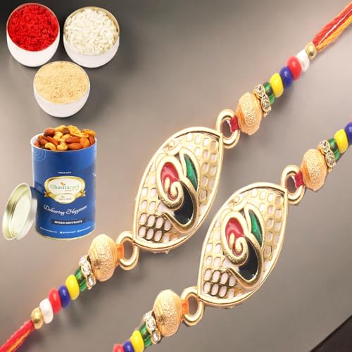 Ghasitaram Gifts Rakhi for Brother Rakhis Online - Set of 2 The Divine Colourful Blessings of Om rakhi with 100 gms of Dryfruits Mix Can von Ghasitaram Gifts