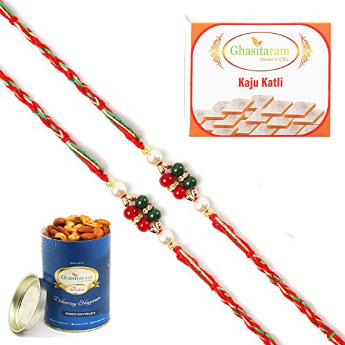 Ghasitaram Gifts Rakhi for Brother Rakhis Online - Set of 2 - ra4112 Pearl Rakhi For my Brother with 100 gms of Dryfruits Mix Can 200 gms of Kaju katli von Ghasitaram Gifts