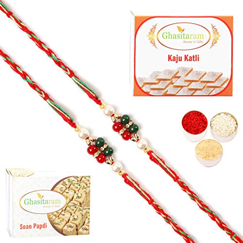 Ghasitaram Gifts Rakhi for Brother Rakhis Online - Set of 2 - ra4112 Pearl Rakhi For my Brother with 200 gms of Kaju katli and 200 gms of Soan Papdi von Ghasitaram Gifts