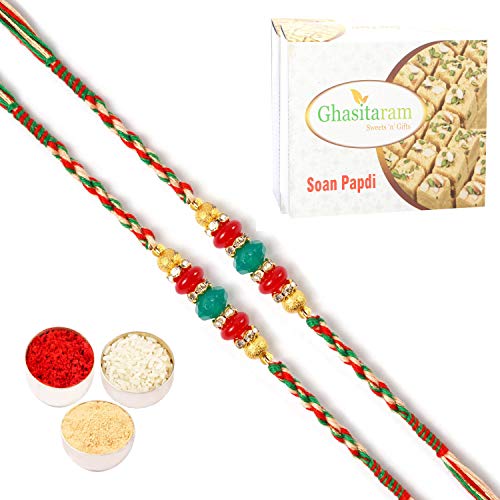 Ghasitaram Gifts Rakhi for Brother Rakhis Online - Set of 2 - ra4123 Pearl Rakhi For my Brother with 400 gms of Soan Papdi von Ghasitaram Gifts