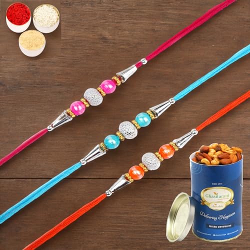 Ghasitaram Gifts Rakhi for Brother Rakhis Online - Set of 3-6194 Rakhis with 100 gms of Dryfruits Mix Can von Ghasitaram Gifts