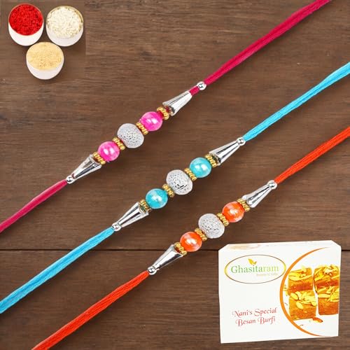 Ghasitaram Gifts Rakhi for Brother Rakhis Online - Set of 3-6194 Rakhis with 200 GMS of Besan Barfi von Ghasitaram Gifts