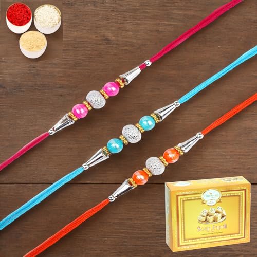 Ghasitaram Gifts Rakhi for Brother Rakhis Online - Set of 3-6194 Rakhis with 200 GMS of Soan Papdi von Ghasitaram Gifts