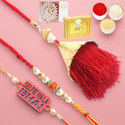 Ghasitaram Gifts Rakhi for Brother Rakhis Online - Set of 3 Bong of Blessings Bhaiya Bhabhi Rakhi and Selfiewala Bhai Kids Rakhi with 200 gms of Kaju katli and 200 gms of Soan Papdi von Ghasitaram Gifts