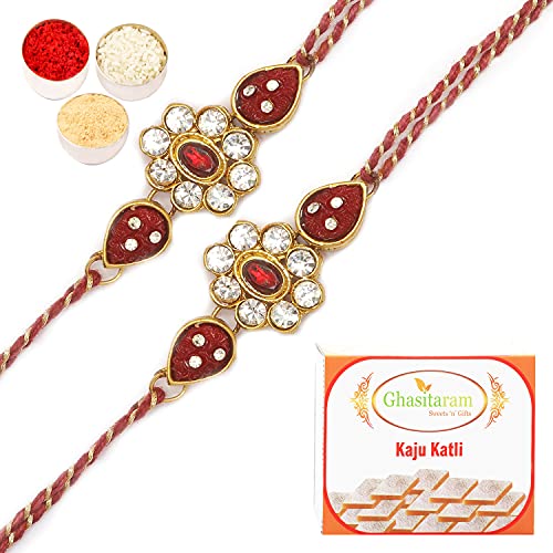 Ghasitaram Gifts Rakhi for Brother Rakhis Online - Set of two J-31062 Rose Flower Jewel Rakhi with 400 gms of Kaju katli von Ghasitaram Gifts