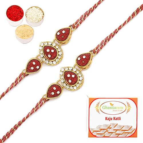 Ghasitaram Gifts Rakhi for Brother Rakhis Online - Set of two J-33063 Leaf Rose Jewel Rakhi with 400 gms of Kaju katli von Ghasitaram Gifts