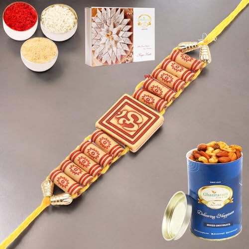 Ghasitaram Gifts Rakhi for Brother Rakhis Online - Substance Of Om d0001 Rakhi with 100 gms of Dryfruits Mix Can 200 gms of Kaju katli von Ghasitaram Gifts