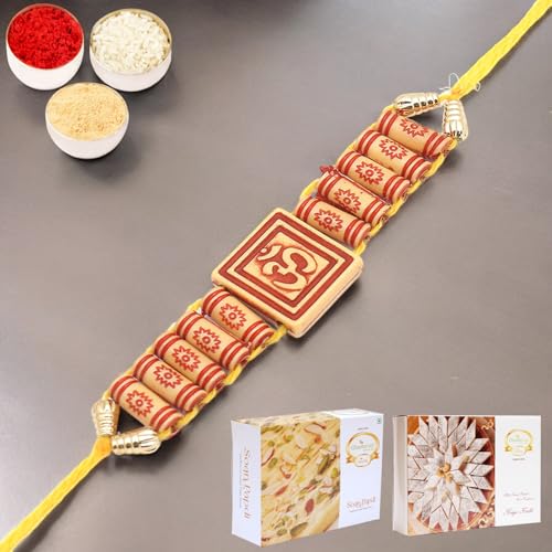 Ghasitaram Gifts Rakhi for Brother Rakhis Online- Substance Of Om d0001 Rakhi with 200 gms of Kaju katli and 200 gms of Soan Papdi von Ghasitaram Gifts