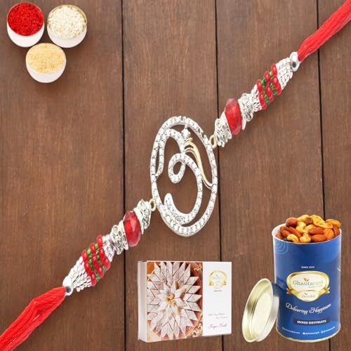 Ghasitaram Gifts Rakhi for Brother Rakhis Online - The Divine Grace of Om Diamond Rakhi with 100 gms of Dryfruits Mix Can 200 gms of Kaju katli von Ghasitaram Gifts