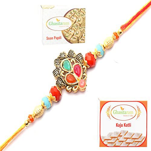 Ghasitaram Gifts Rakhi for Brother Rakhis Online - The Mystique Of Brotherly & Sisterly Love Forever rakhi with 200 gms of Kaju katli and 200 gms of Soan Papdi von Ghasitaram Gifts