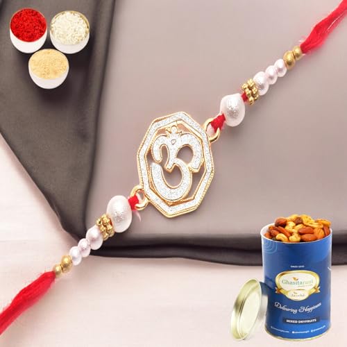 Ghasitaram Gifts Rakhi for Brother Rakhis Online - The Sparkle of Heavenly Divine Blessings for My brother Rakhi with 100 gms of Dryfruits Mix Can von Ghasitaram Gifts