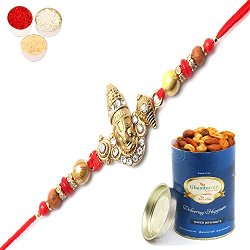 Ghasitaram Gifts Rakhi for Brother Rakhis Online - The incarnation of Lord Vishnu bestowing his blessings Rakhi with 100 gms of Dryfruits Mix Can von Ghasitaram Gifts