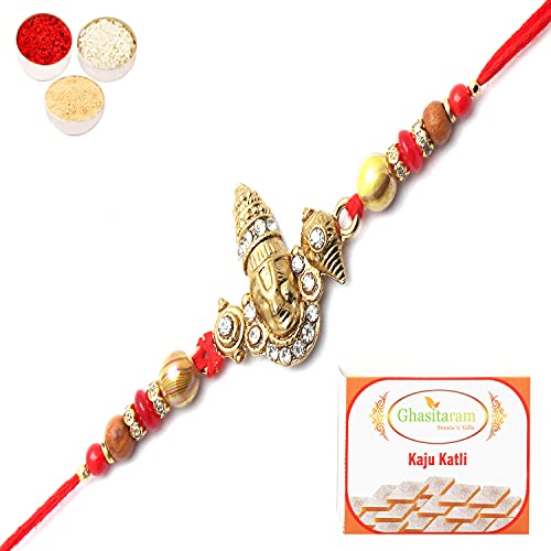 Ghasitaram Gifts Rakhi for Brother Rakhis Online- The incarnation of Lord Vishnu bestowing his blessings Rakhi with 400 gms of Kaju katli von Ghasitaram Gifts