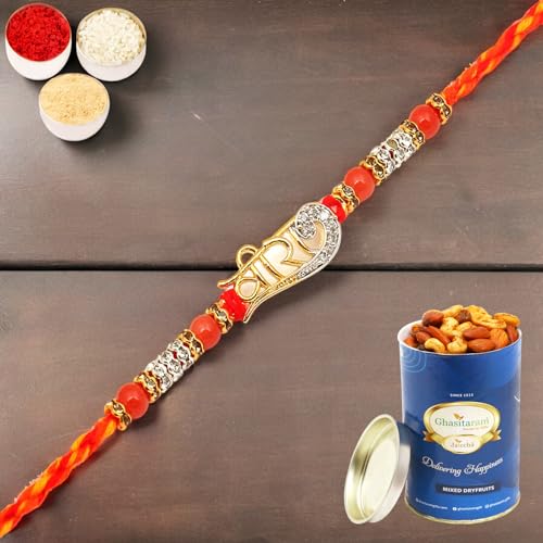 Ghasitaram Gifts Rakhi for Brother Rakhis Online - Veera 7262 rakhi with 100 gms of Dryfruits Mix Can von Ghasitaram Gifts