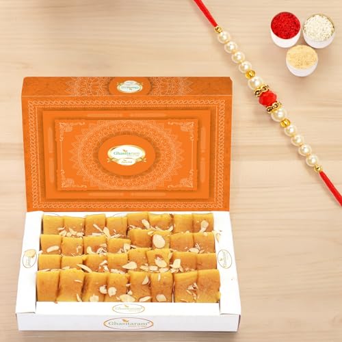 Ghasitaram Gifts Rakhis For Brother Rakhi Sweets - Soft Mysore pak (400 gms) with Beads Rakhi von Ghasitaram Gifts