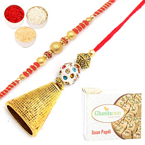 Ghasitaram Gifts Rakhis Online- Bells of Faith jbl5701 Bhaiya Bhabhi Rakhi with 200 gms of Soan Papdi von Ghasitaram Gifts