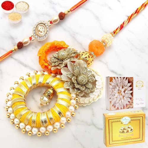 Ghasitaram Gifts Rakhis Online- Echoes of Care rm071 Bhaiya Bhabhi Rakhi with 200 gms of Kaju katli and 200 gms of Soan Papdi von Ghasitaram Gifts