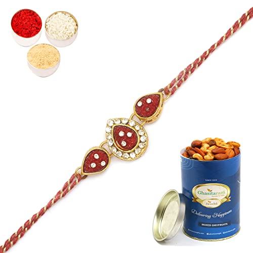 Ghasitaram Gifts Rakhis Online J-33063 Leaf Rose Jewel Rakhiwith 100 gms of Dryfruits Mix Can von Ghasitaram Gifts