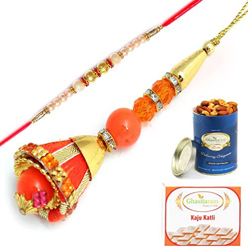 Ghasitaram Gifts Rakhis Online - Rakhi for Brother- Bells Of care Bhaiya Bhabhi Rakhi with 100 gms of Dryfruits Mix Can 200 gms of Kaju katli von Ghasitaram Gifts