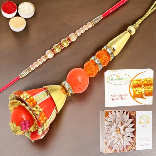 Ghasitaram Gifts Rakhis Online - Rakhi for Brother- Bells Of care Bhaiya Bhabhi Rakhi with 200 gms of Besan Barfi and 200 gms of Kaju Katli von Ghasitaram Gifts