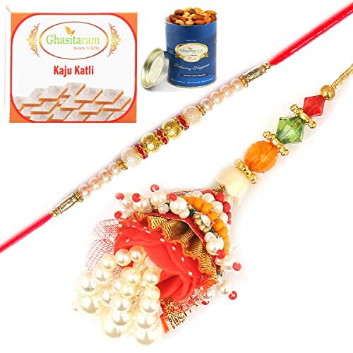 Ghasitaram Gifts Rakhis Online - Rakhi for Brother- Enticer of Faith Bhaiya Bhabhi rakhi with 100 gms of Dryfruits Mix Can 200 gms of Kaju katli von Ghasitaram Gifts