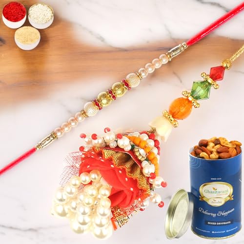 Ghasitaram Gifts Rakhis Online - Rakhi for Brother- Enticer of Faith Bhaiya Bhabhi rakhi with 100 gms of Dryfruits Mix Can von Ghasitaram Gifts