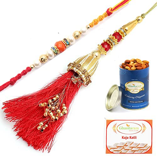 Ghasitaram Gifts Rakhis Online - Rakhi for Brother- Golden Ibiza Bhaiya Bhabhi Rakhi with 100 gms of Dryfruits Mix Can 200 gms of Kaju katli von Ghasitaram Gifts