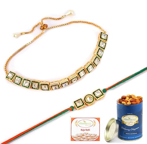 Ghasitaram Gifts Rakhis Online - Rakhi for Brother-MJ-1 Bhaiya Bhabhi Rakhi with 100 gms of Dryfruits Mix Can 200 gms of Kaju katli von Ghasitaram Gifts