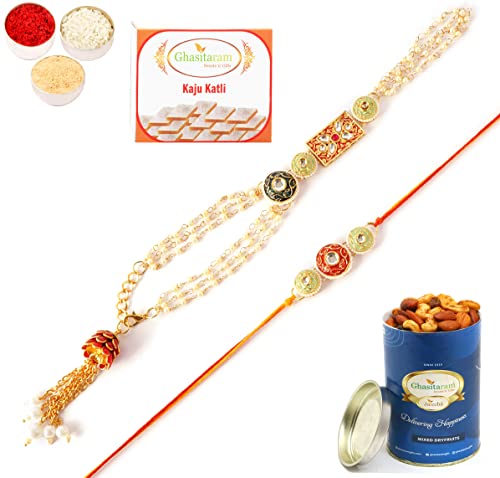 Ghasitaram Gifts Rakhis Online - Rakhi for Brother-MJ-4 Bhaiya Bhabhi Rakhi with 100 gms of Dryfruits Mix Can 200 gms of Kaju katli von Ghasitaram Gifts