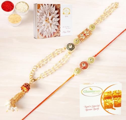 Ghasitaram Gifts Rakhis Online - Rakhi for Brother-MJ-4 Bhaiya Bhabhi Rakhi with 200 gms of Besan Barfi and 200 gms of Kaju Katli von Ghasitaram Gifts