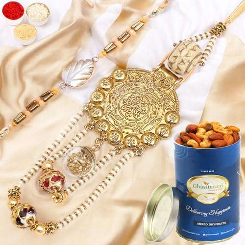 Ghasitaram Gifts Rakhis Online - Rakhi for Brother-RM-111 Bhaiya Bhabhi Rakhi with 100 gms of Dryfruits Mix Can von Ghasitaram Gifts