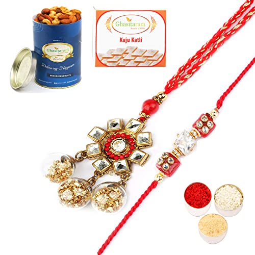 Ghasitaram Gifts Rakhis Online - Rakhi for Brother- RM-128 Bhaiya Bhabhi rakhi with 100 gms of Dryfruits Mix Can 200 gms of Kaju katli von Ghasitaram Gifts