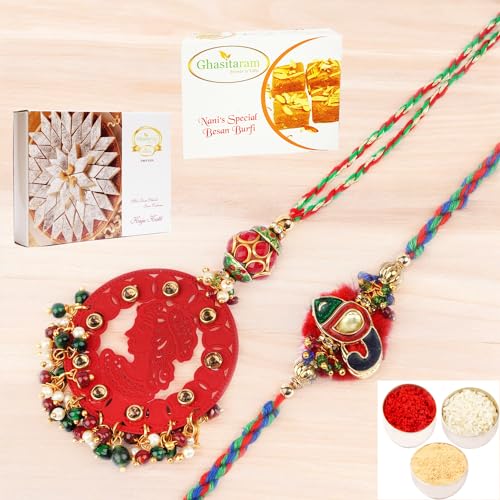 Ghasitaram Gifts Rakhis Online - Rakhi for Brother- RM-140 Bhaiya Bhabhi rakhi with 200 gms of Besan Barfi and 200 gms of Kaju Katli von Ghasitaram Gifts