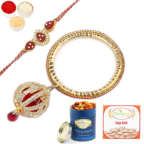 Ghasitaram Gifts Rakhis Online - Rakhi for Brother- RM-155 Bhaiya Bhabhi rakhi with 100 gms of Dryfruits Mix Can 200 gms of Kaju katli von Ghasitaram Gifts