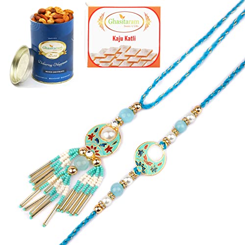 Ghasitaram Gifts Rakhis Online - Rakhi for Brother- RM-211 Bhaiya Bhabhi rakhi with 100 gms of Dryfruits Mix Can 200 gms of Kaju katli von Ghasitaram Gifts