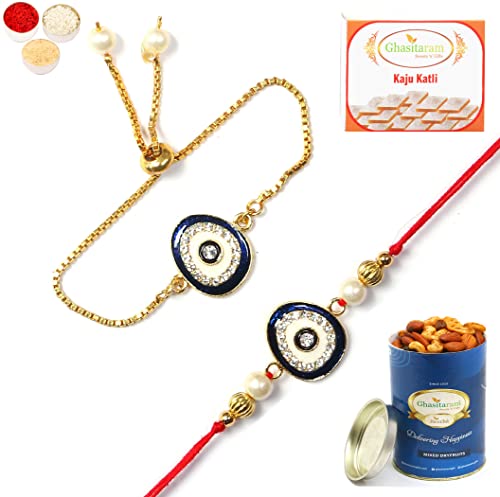 Ghasitaram Gifts Rakhis Online - Rakhi for Brother-RT-Evil Eye Bhaiya Bhabhi Rakhi with 100 gms of Dryfruits Mix Can 200 gms of Kaju katli von Ghasitaram Gifts