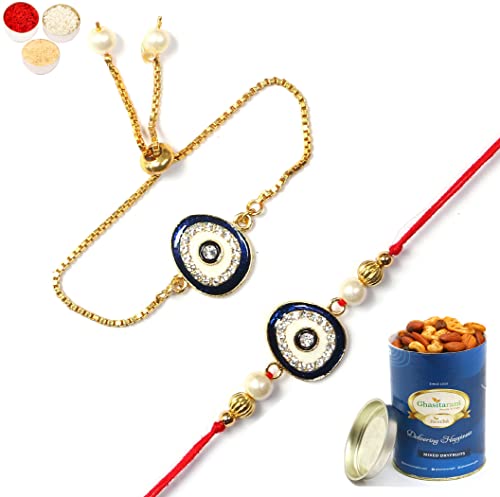 Ghasitaram Gifts Rakhis Online - Rakhi for Brother-RT-Evil Eye Bhaiya Bhabhi Rakhi with 100 gms of Dryfruits Mix Can von Ghasitaram Gifts