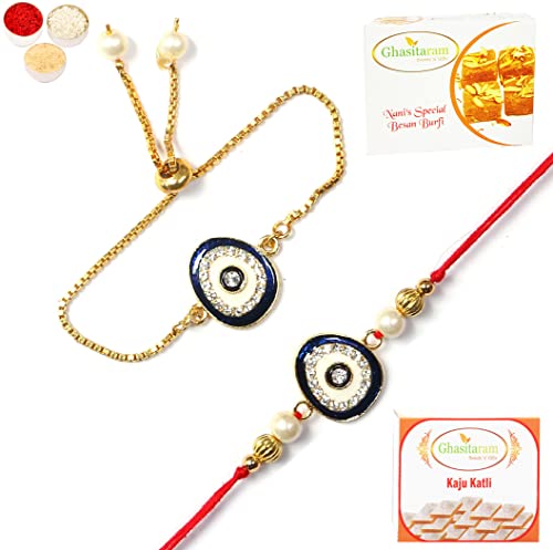 Ghasitaram Gifts Rakhis Online - Rakhi for Brother-RT-Evil Eye Bhaiya Bhabhi Rakhi with 200 gms of Besan Barfi and 200 gms of Kaju Katli von Ghasitaram Gifts