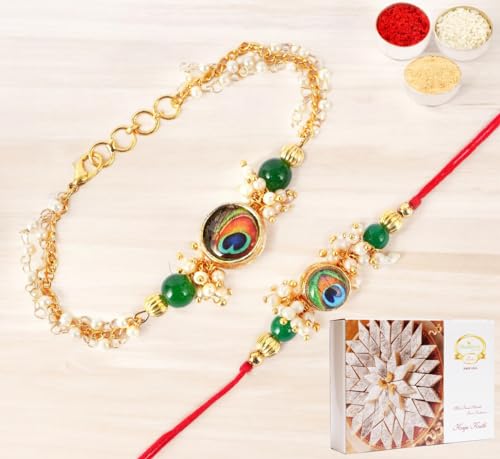 Ghasitaram Gifts Rakhis Online - Rakhi for Brother-RT-M-Pankh Bhaiya Bhabhi Rakhi with 200 gms of Kaju katli von Ghasitaram Gifts