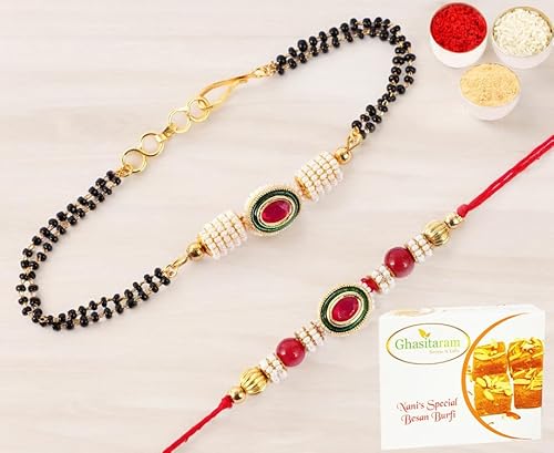 Ghasitaram Gifts Rakhis Online - Rakhi for Brother-RT-Mangal Bhaiya Bhabhi Rakhi with 200 gms of Besan Barfi von Ghasitaram Gifts