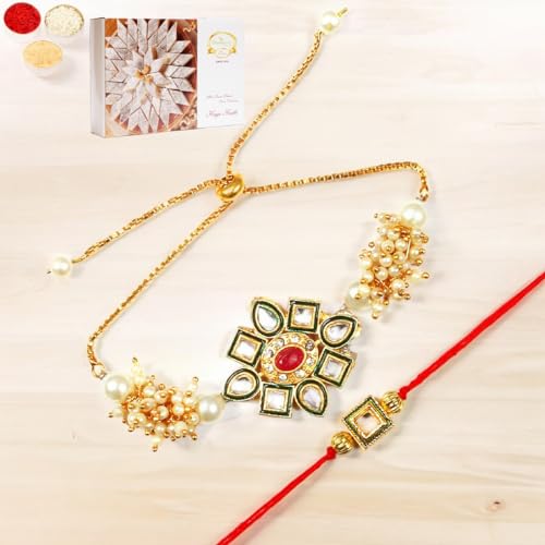 Ghasitaram Gifts Rakhis Online - Rakhi for Brother-RT-Stone Bhaiya Bhabhi Rakhi with 200 gms of Kaju katli von Ghasitaram Gifts