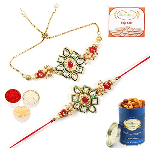 Ghasitaram Gifts Rakhis Online - Rakhi for Brother-RT-Stone Pair Bhaiya Bhabhi Rakhi with 100 gms of Dryfruits Mix Can 200 gms of Kaju katli von Ghasitaram Gifts