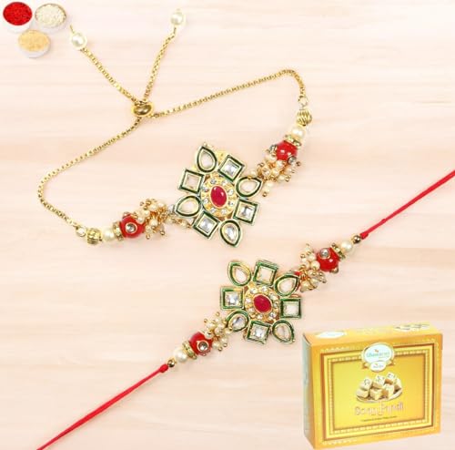 Ghasitaram Gifts Rakhis Online - Rakhi for Brother-RT-Stone Pair Bhaiya Bhabhi Rakhi with 400 gms of Soan Papdi von Ghasitaram Gifts