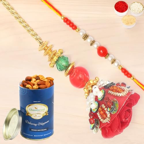 Ghasitaram Gifts Rakhis Online - Rakhi for Brother- Red Velvet Bhaiya Bhabhi rakhi with 100 gms of Dryfruits Mix Can von Ghasitaram Gifts