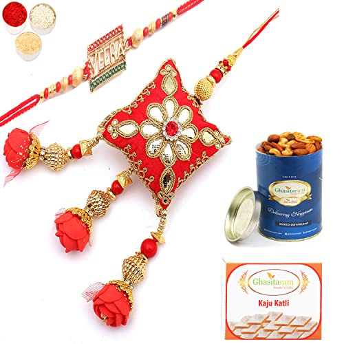 Ghasitaram Gifts Rakhis Online - Rakhi for Brother- Roses of Galore Bhaiya Bhabhi rakhi with 100 gms of Dryfruits Mix Can 200 gms of Kaju katli von Ghasitaram Gifts