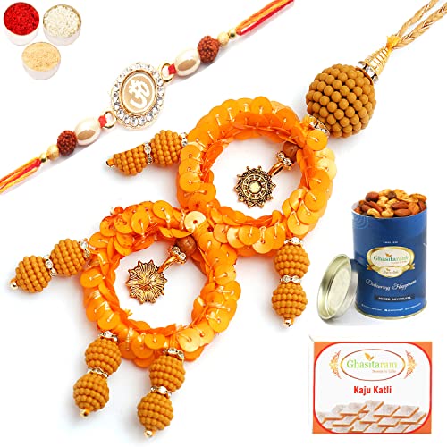 Ghasitaram Gifts Rakhis Online - Rakhi for Brother- Sisters Blessings rm073 Bhaiya Bhabhi rakhi with 100 gms of Dryfruits Mix Can 200 gms of Kaju katli von Ghasitaram Gifts