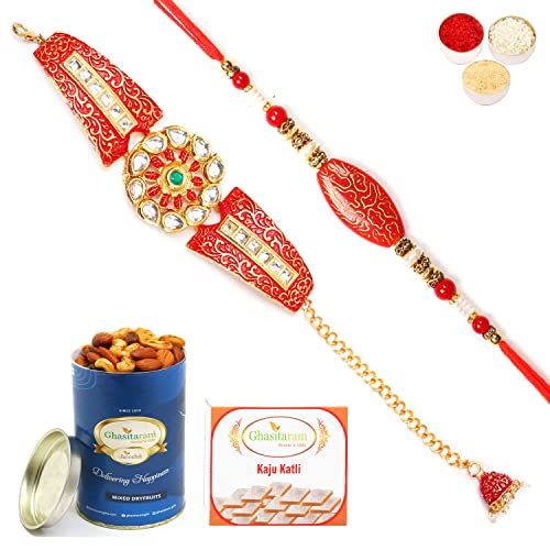 Ghasitaram Gifts Rakhis Online - Rakhi for Brother-T-1 Red Bracelet Bhaiya Bhabhi Rakhi with 100 gms of Dryfruits Mix Can 200 gms of Kaju katli von Ghasitaram Gifts