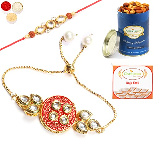 Ghasitaram Gifts Rakhis Online - Rakhi for Brother-T-18 Bhaiya Bhabhi Rakhi with 100 gms of Dryfruits Mix Can 200 gms of Kaju katli von Ghasitaram Gifts